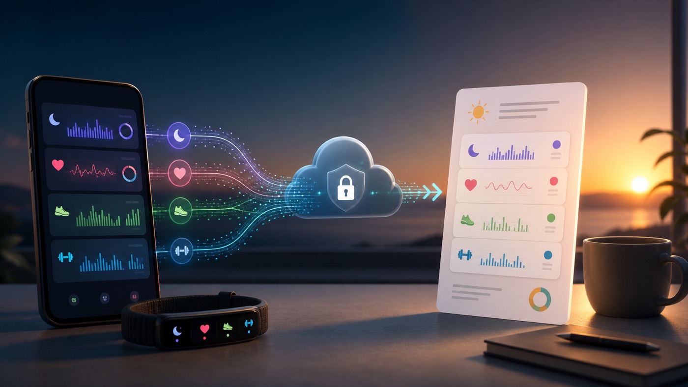 Wearable health data flowing securely through the cloud into a concise AI morning report