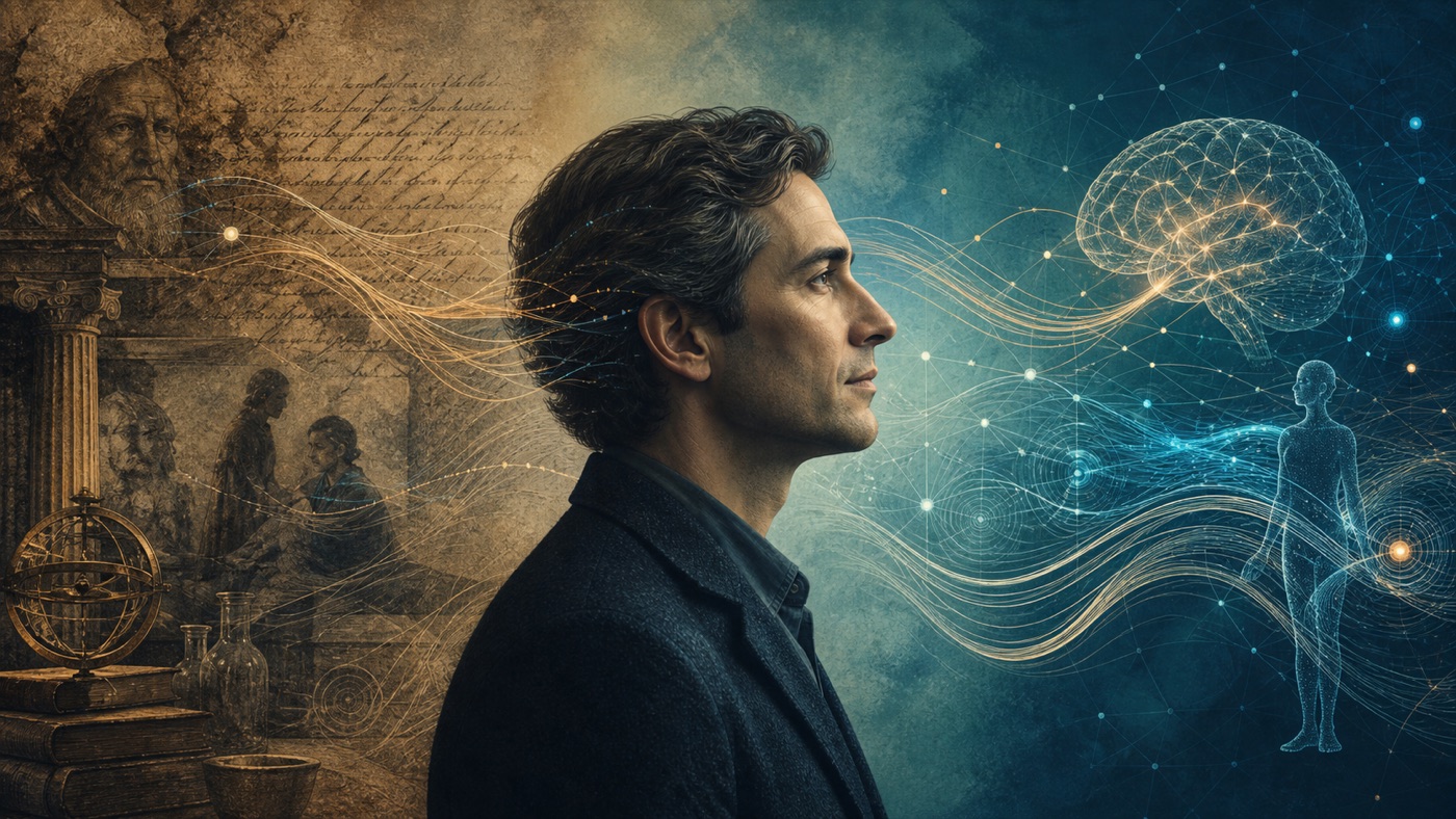 Editorial illustration connecting historical medical ideas with the psychoanalytic relationship between mind and body.