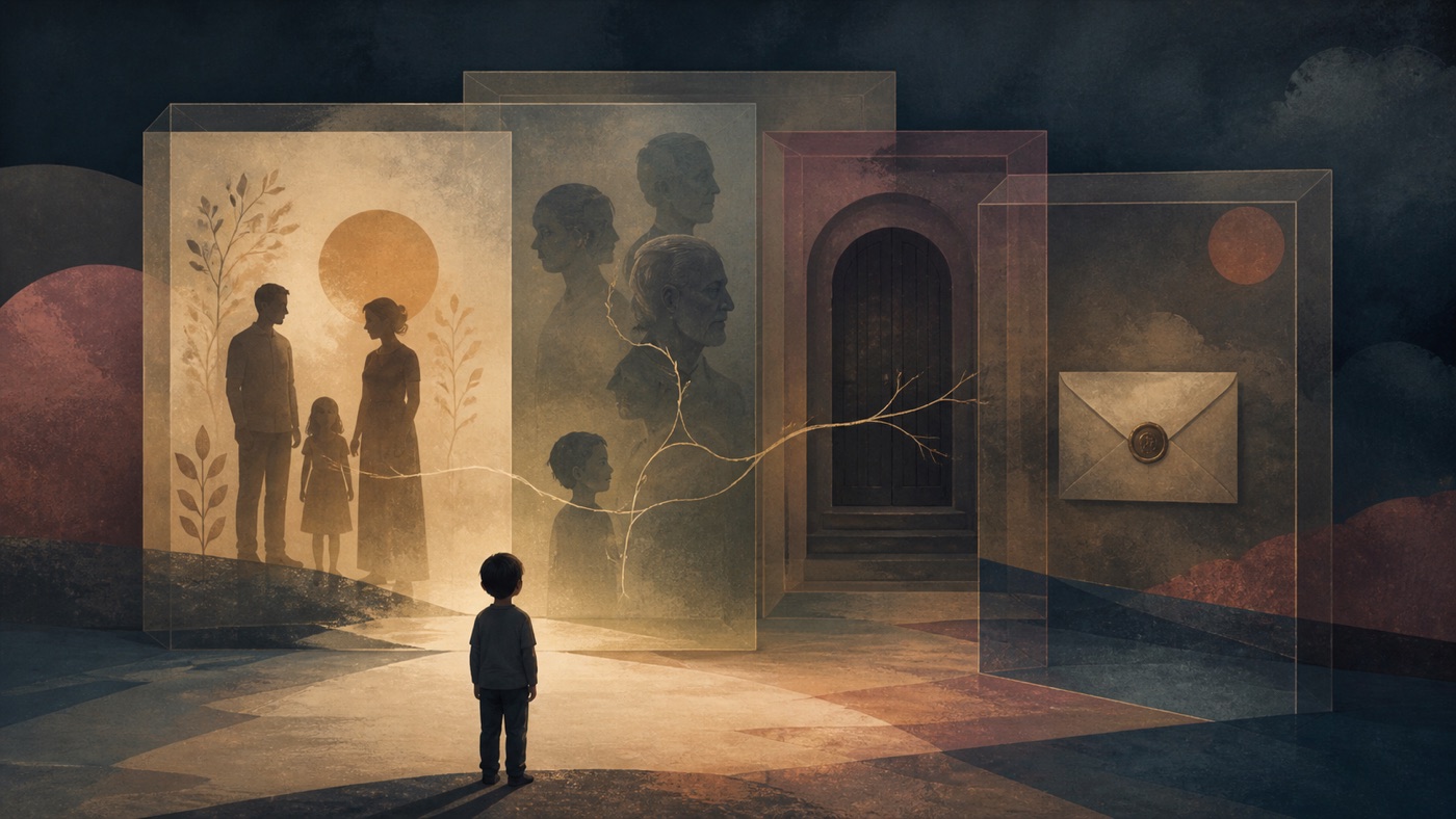 Editorial illustration of layered childhood silhouettes and symbolic scenes representing Freud’s concept of primal fantasies.