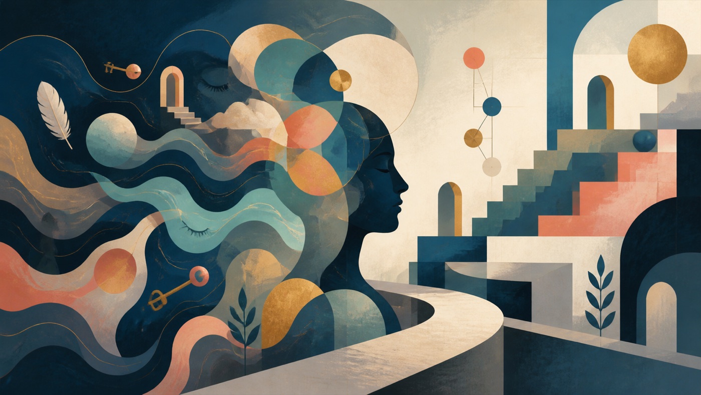 Abstract editorial illustration contrasting fluid dreamlike associations with structured logical thought while showing their overlap.